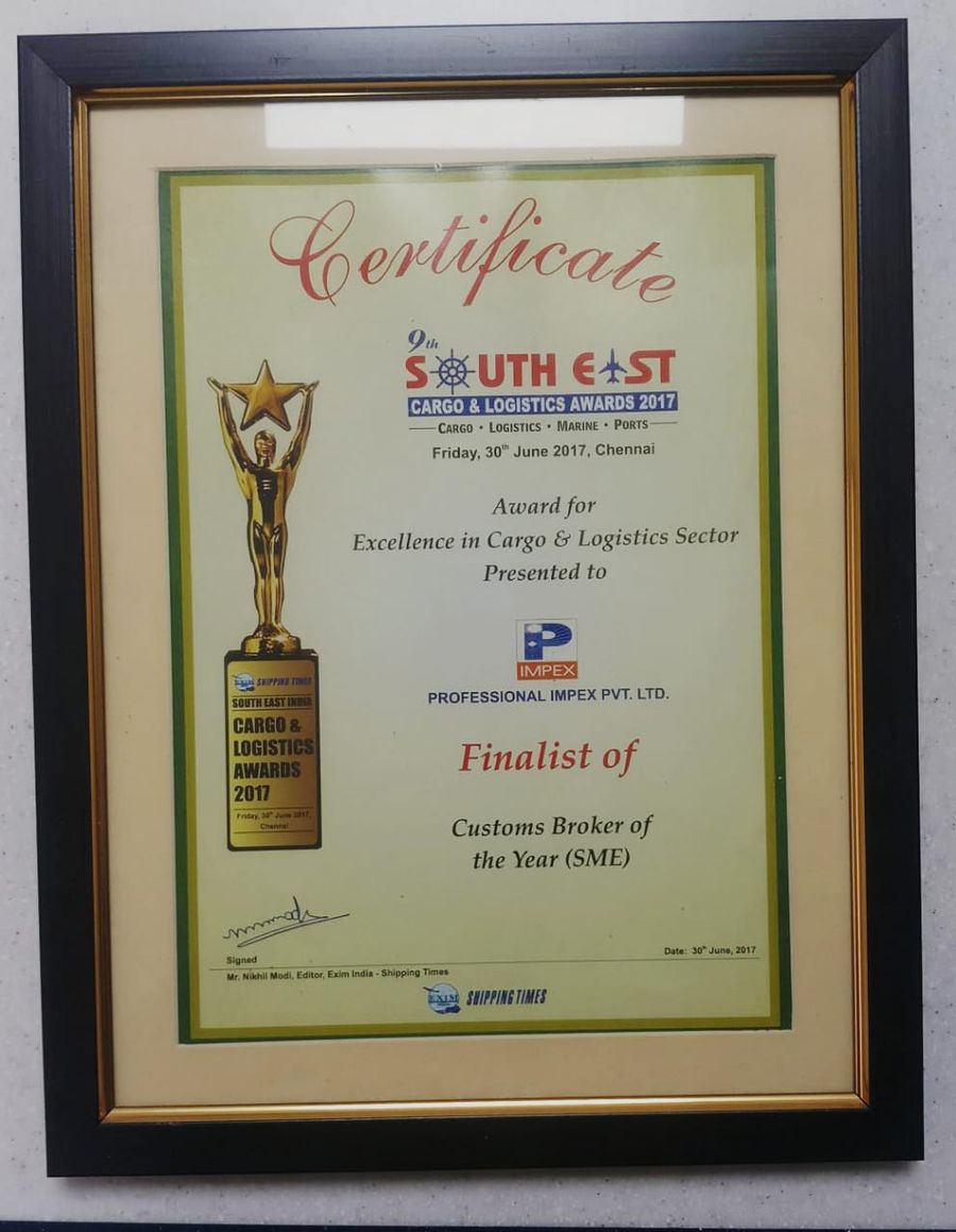 Award or certificate presented to Professional Impex